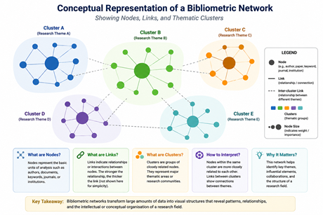 Conceptual representation of a bibliometric network showing nodes, links, and thematic clusters